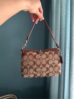 Vintage Coach Tan & Brown Signature Mini Turnlock Shoulder Bag
